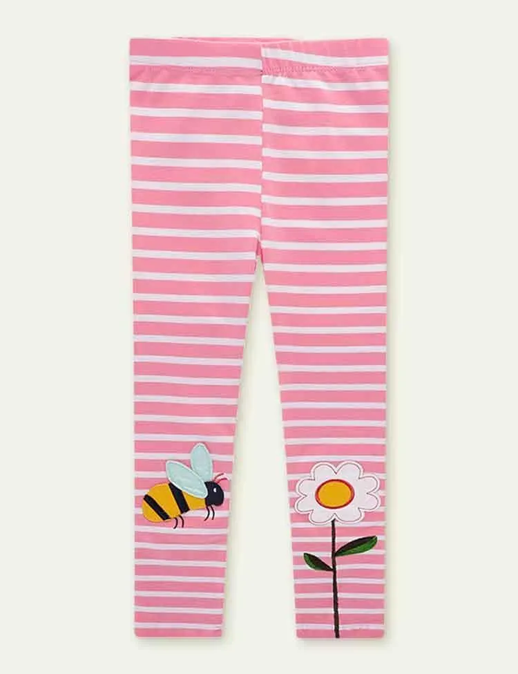 Bee&Flower Appliqué Knitted Striped Leggings