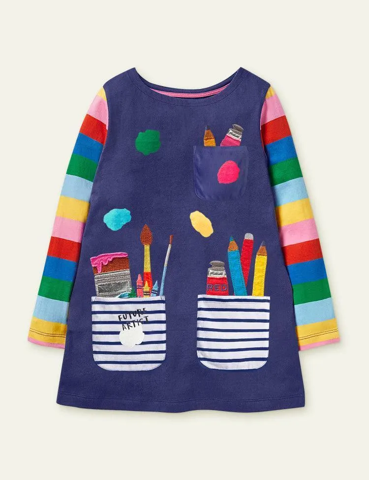 Scientist Appliqué Pocket Long Sleeves Dress - Image 5