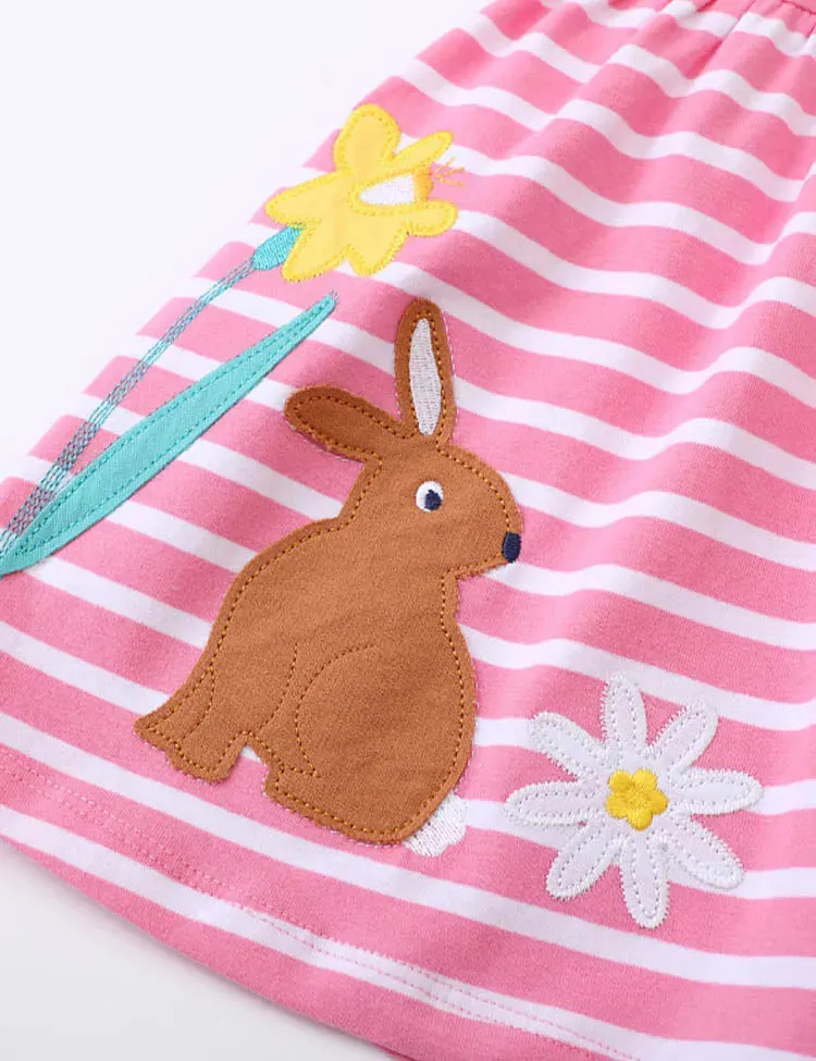 Brown Rabbit Appliqué Ruffled Striped Dress - Image 2