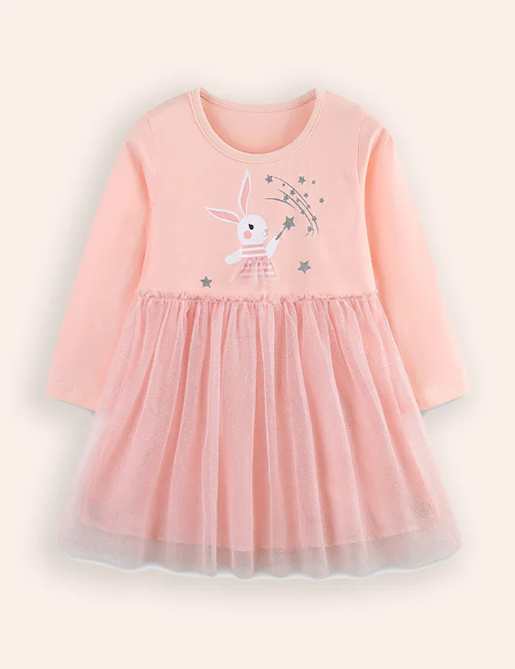 Bunny Printed Long Sleeves Tulle Dress