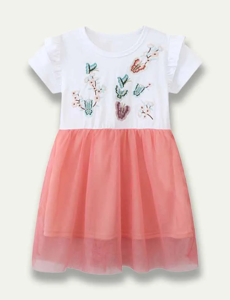 Butterfly Embroidered Short Sleeve Tulle Dress