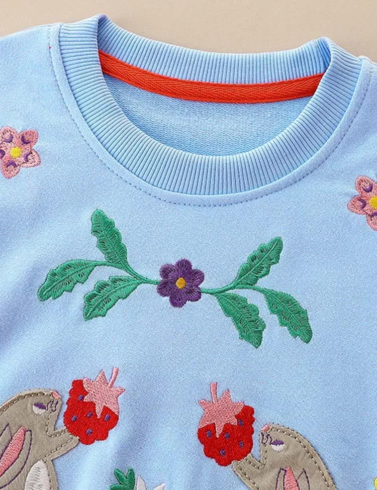 Cartoon Animal Appliqué Floral Sweatshirt - Image 3