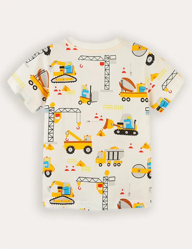 Cartoon Construction Car Printed Short Sleeve T-Shirt - Image 2