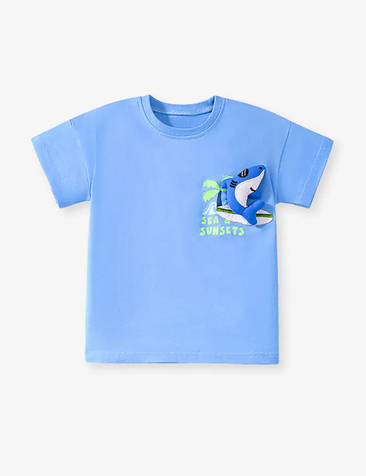 Cartoon Shark Applique Cotton T-shirt Set - Image 2