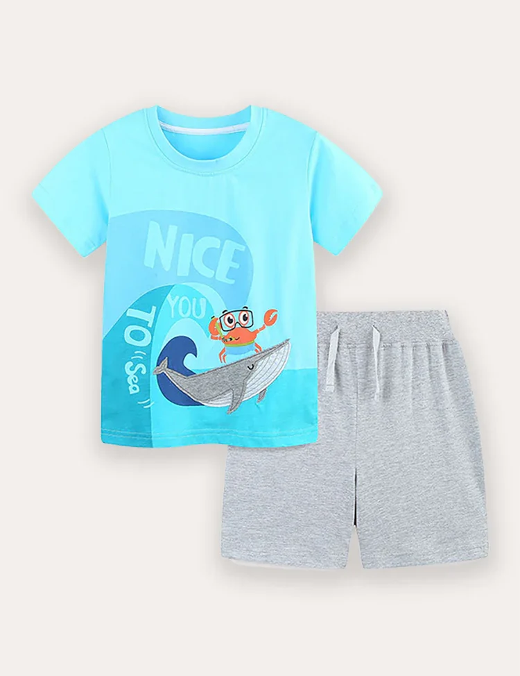 Cartoon Shark Print Short Sleeve T-Shirt and Shorts Set