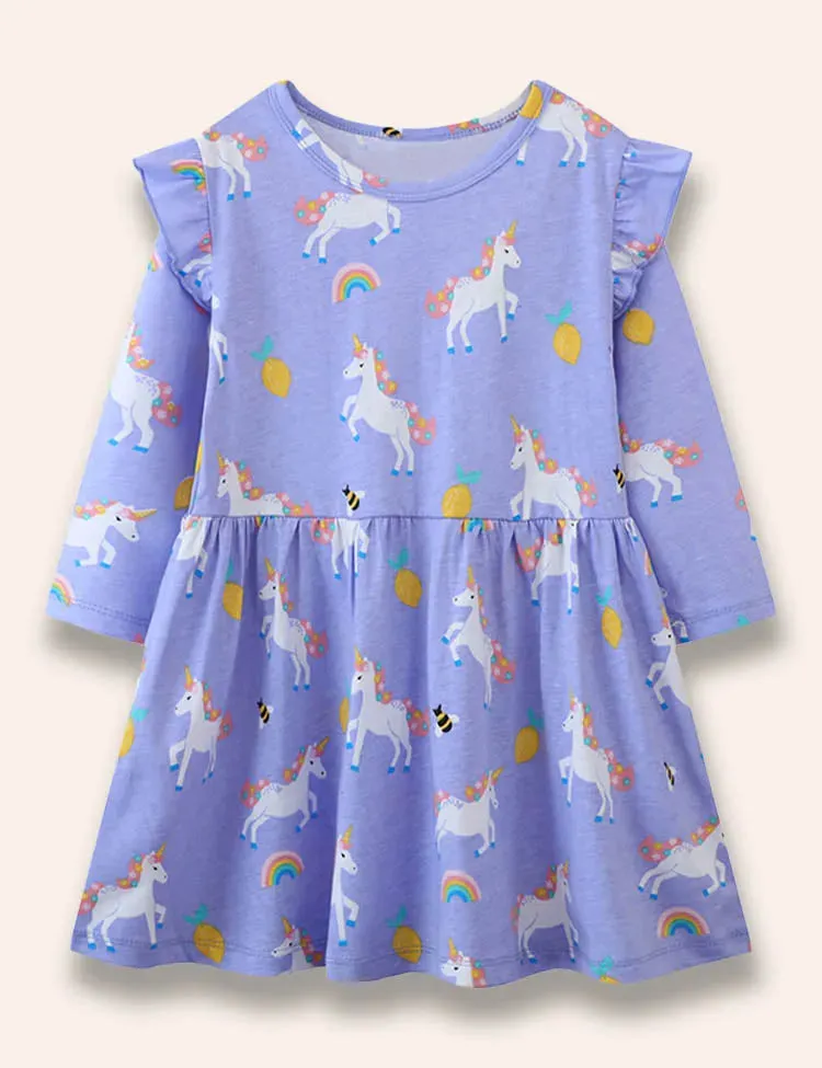 Cartoon Unicorn Printed Ruffled Dress