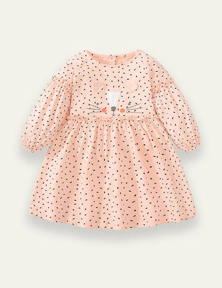 Cat Patch Embroidered Long Sleeved Dress