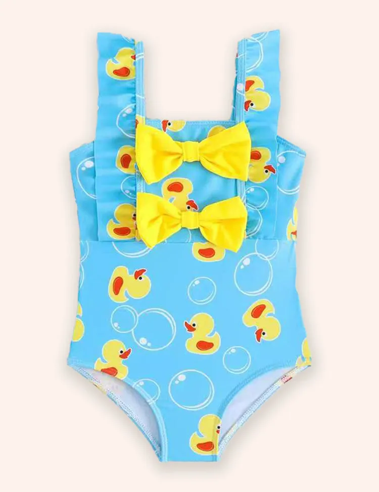 Cute Print Bow Lace Sleeveless Swimsuit