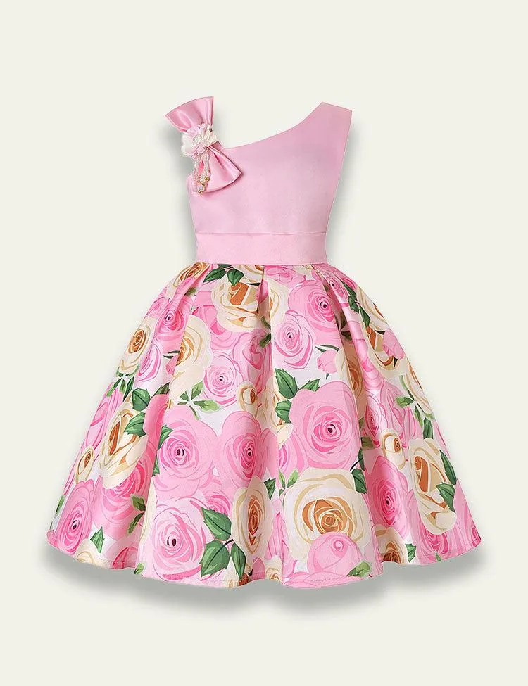 Diagonal Shoulder Rose Printed Party Dress - Image 4