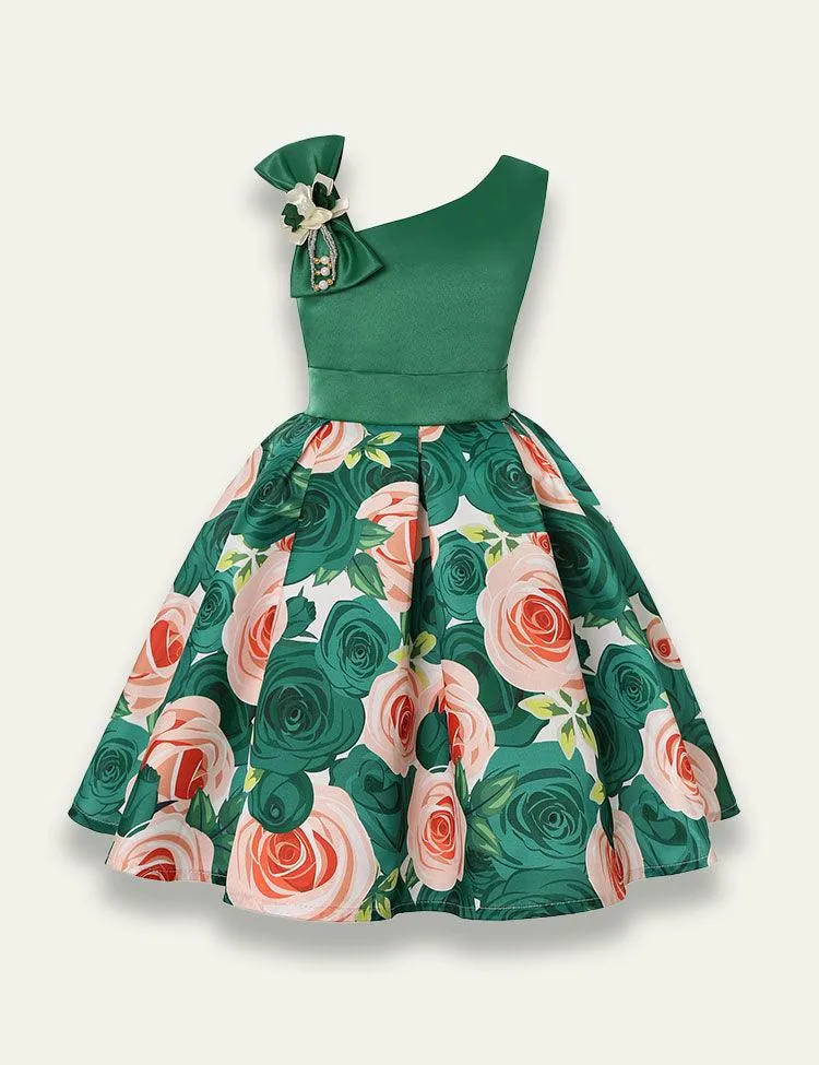 Diagonal Shoulder Rose Printed Party Dress - Image 7
