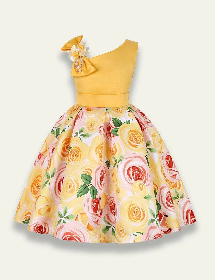 Diagonal Shoulder Rose Printed Party Dress - Image 9