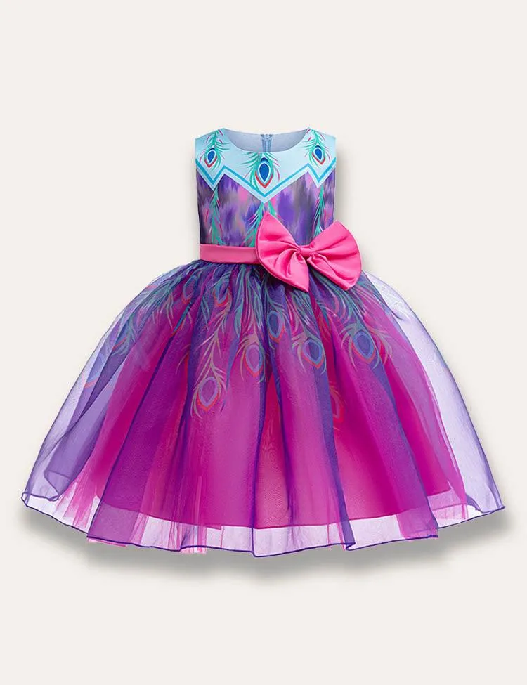 Feather Printed Tulle Party Dress