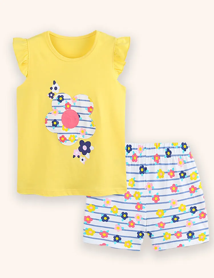 Flower Striped Applique T-shirt Set