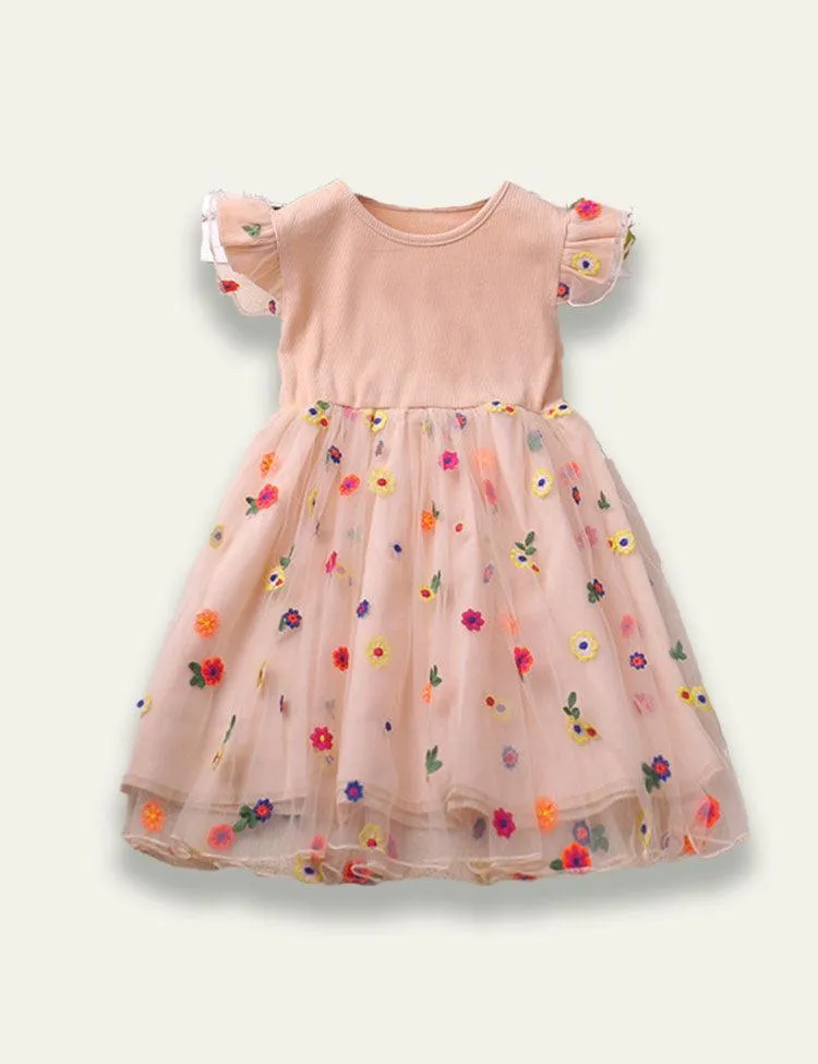 Flying Sleeve Embroidered Mesh Dress