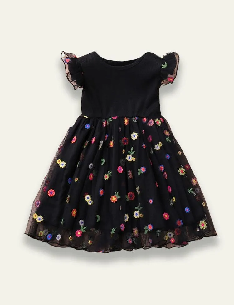 Flying Sleeve Embroidered Mesh Dress - Image 3