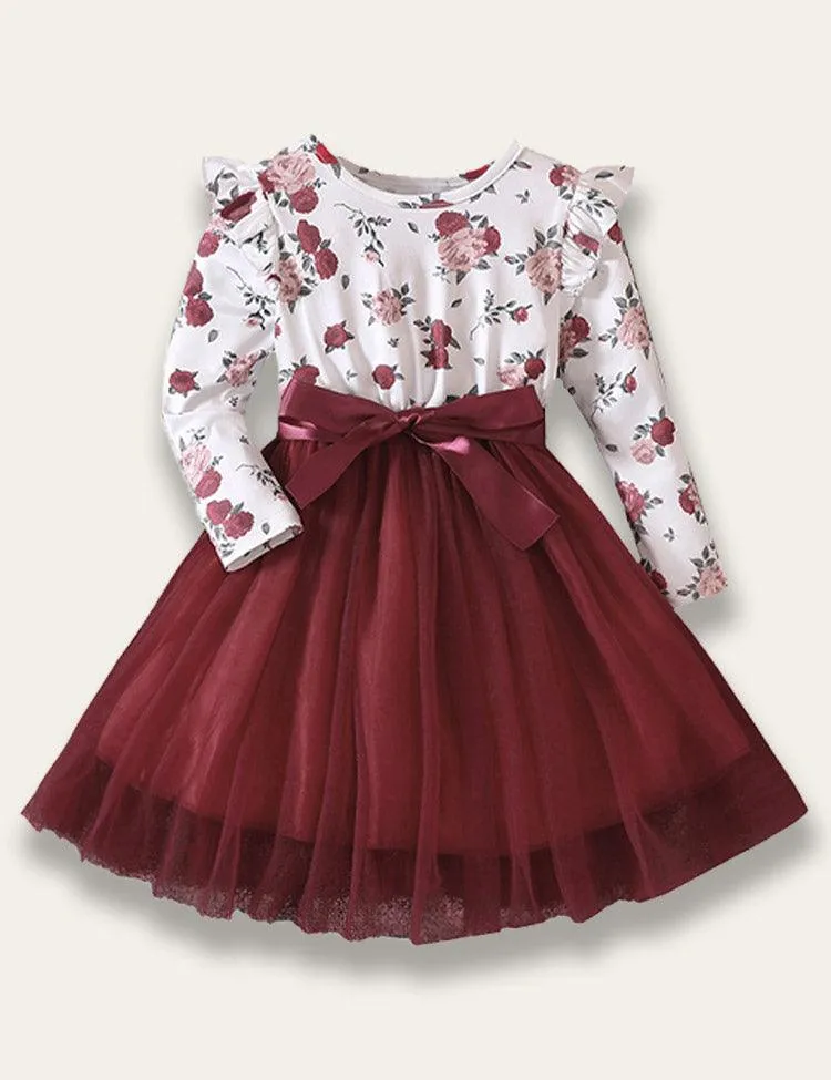 Flying Sleeve Rose Print Tulle Dress