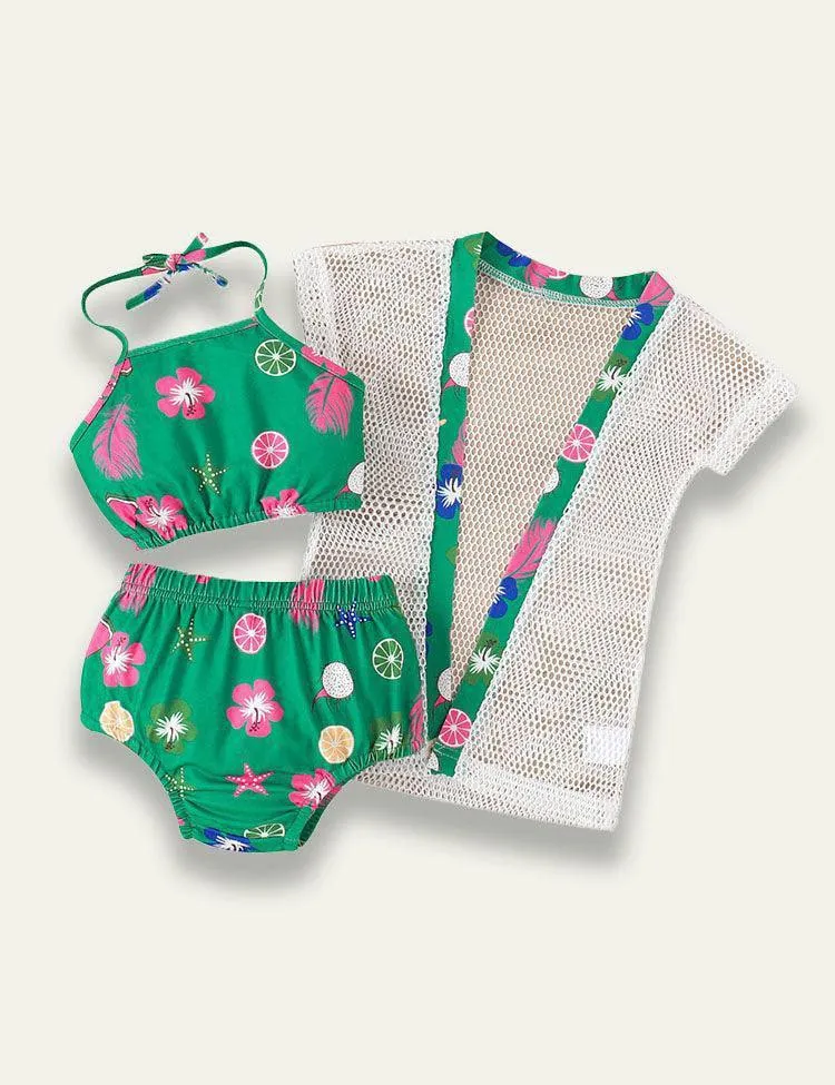 Fragmented Flower Hanging Neck Mesh Sunscreen Coat Swimwear