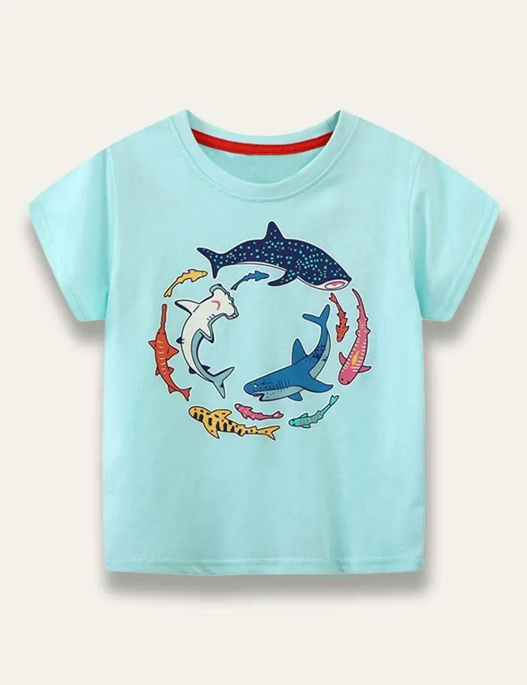 Glowing Cartoon Shark Printed T-Shirt - Image 2