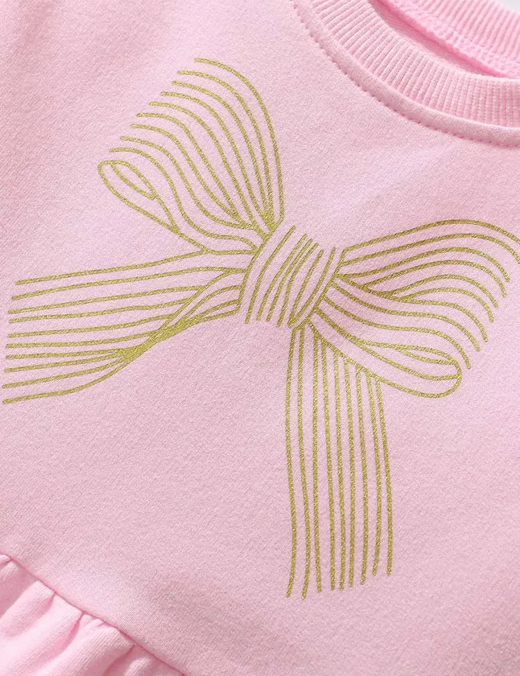Golden Bow Printed Sweatshirt Ruffled Dress - Image 2