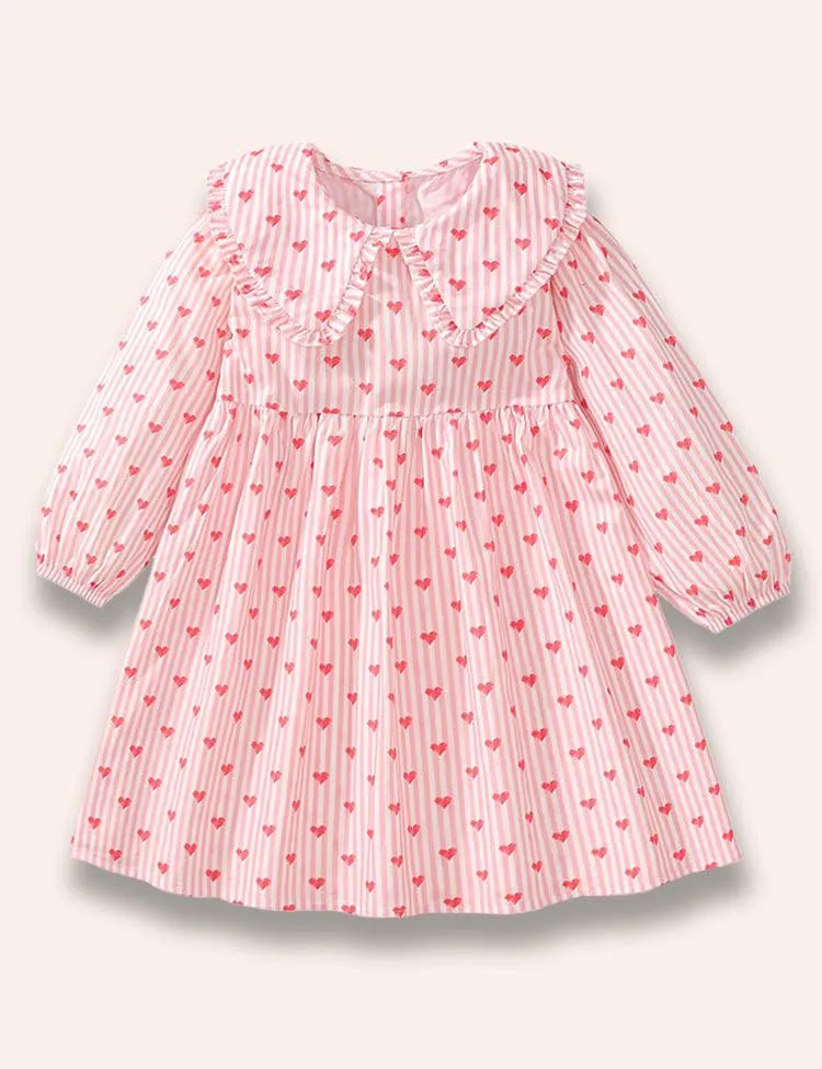 Heart Printed Long Sleeve Striped Dress
