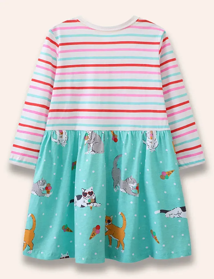 Ice Cream Cat Printed Striped Dress - Image 2