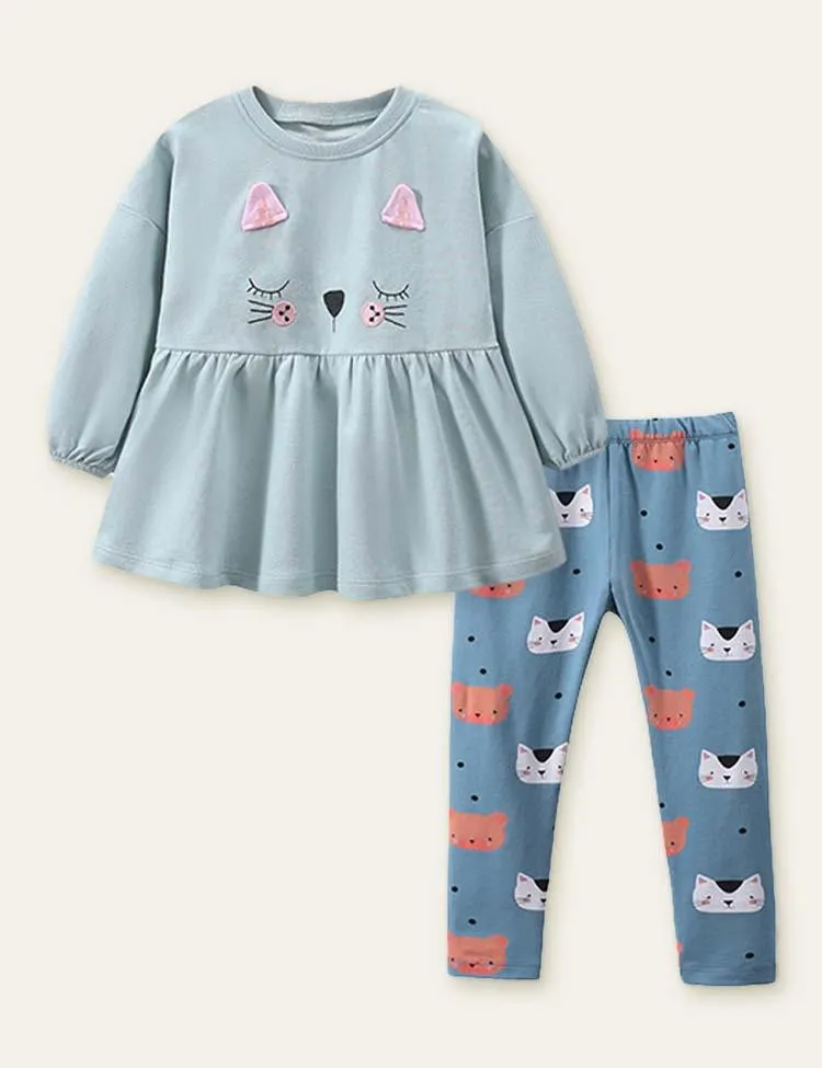 Kitten Embroidery Sweatshirt + Animal Printed Leggings - Image 3