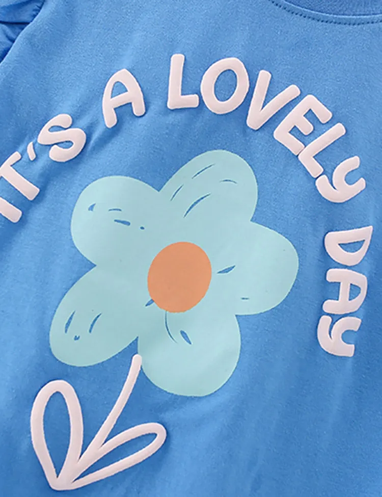 Letter Flower Printed T-shirt Set - Image 3