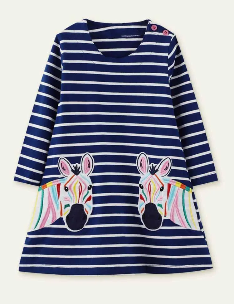 Zebra Appliqué Long Sleeve Dress