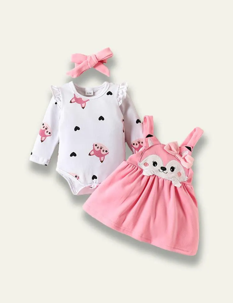 Long Sleeve Romper+Plant Fox Printed Bow Strap Dress - Image 4