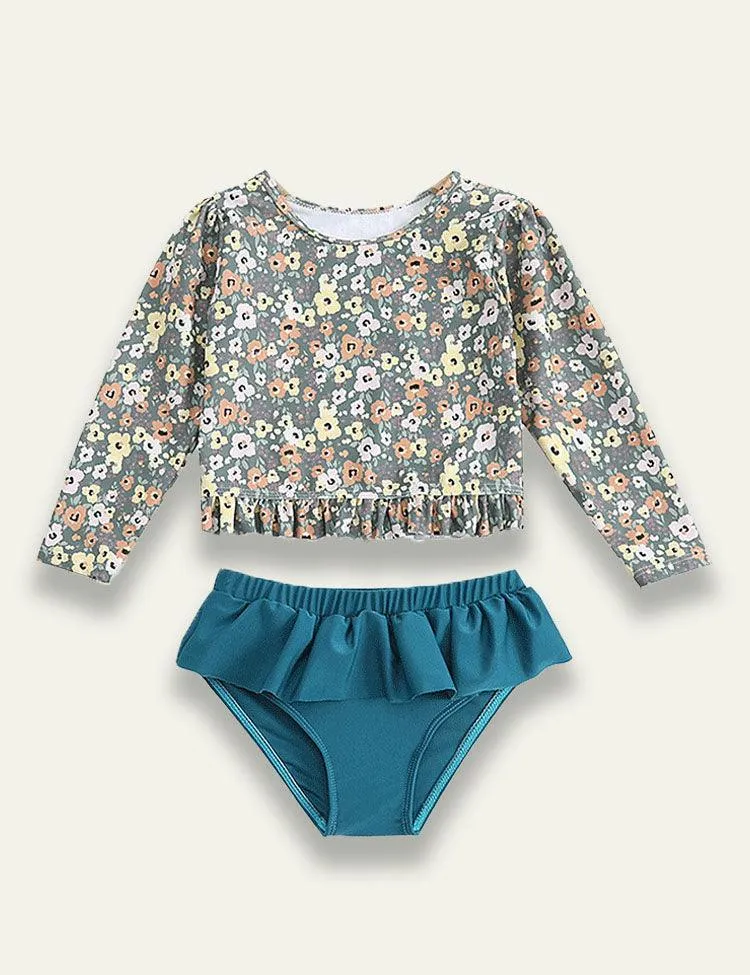 Long Sleeved Floral Split Piece Ruffled Edge Swimsuit