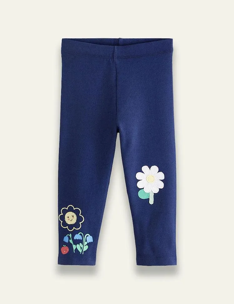 Navy Blue Flower Bee Embellished Leggings