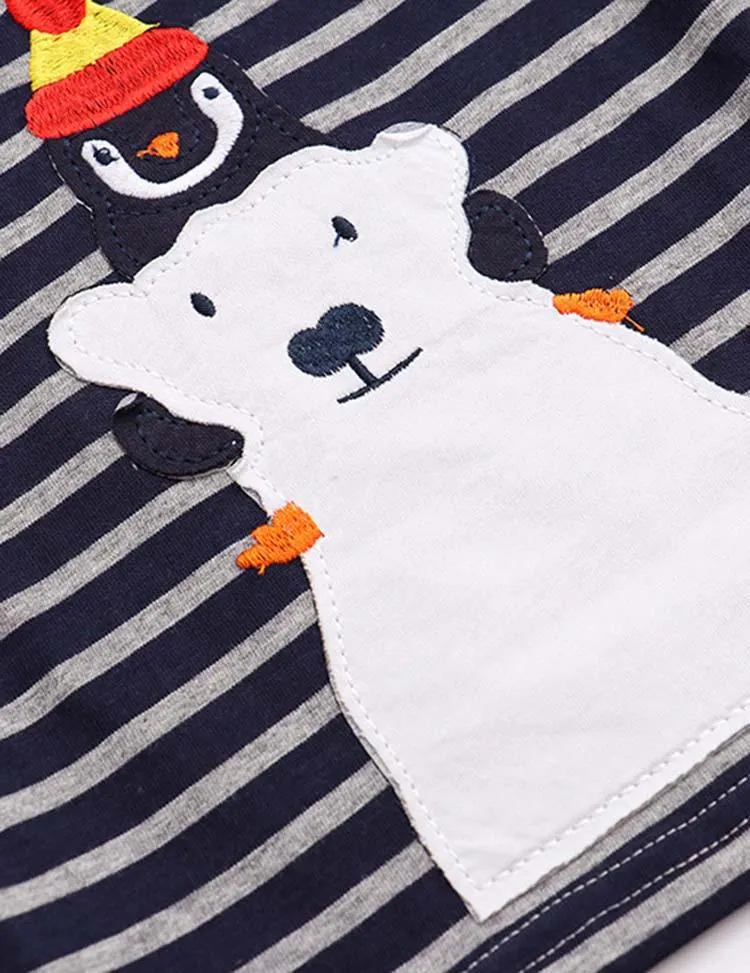 Penguin and Polar Bear Appliqué Striped T-shirt - Image 2