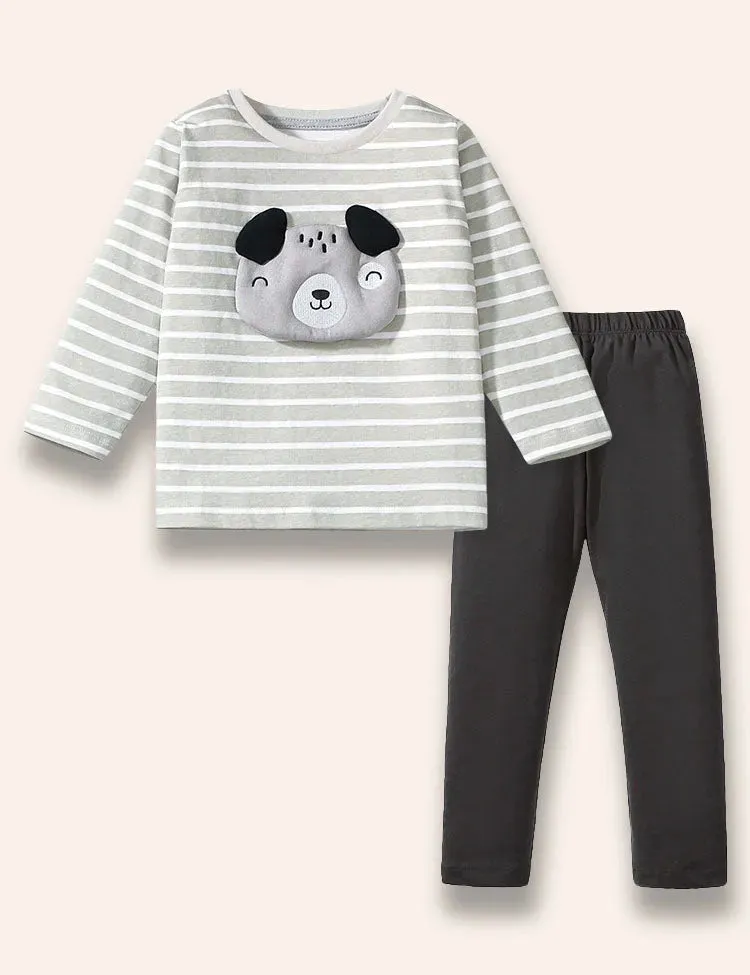 Puppy Appliqué Striped Long Sleeve T-Shirt