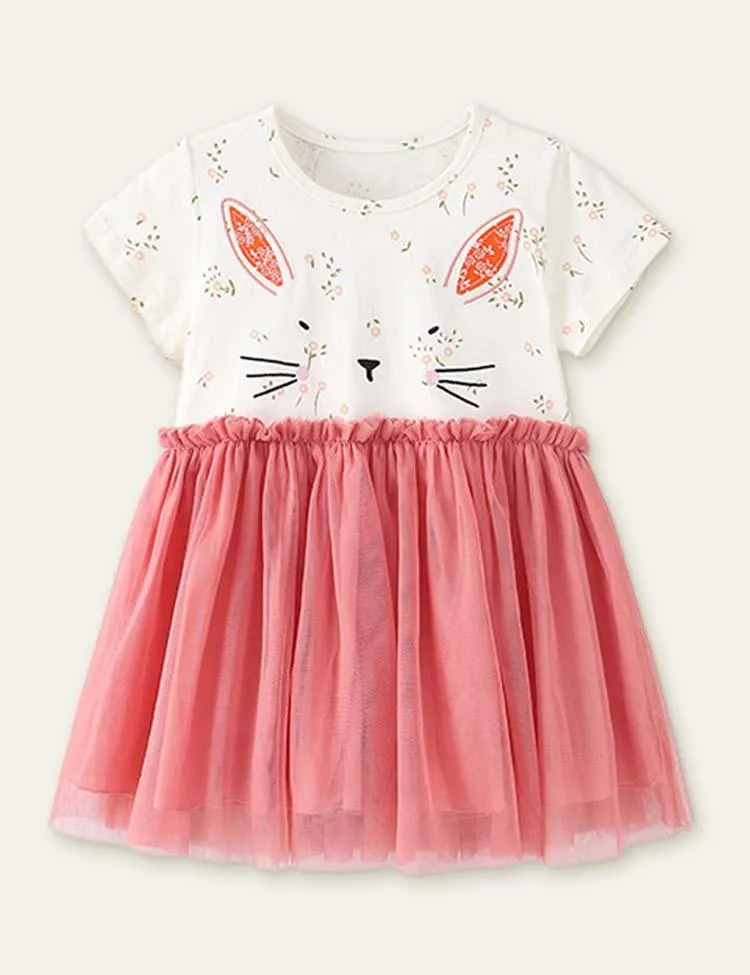 Rabbit Embroidery Floral Printed Dress