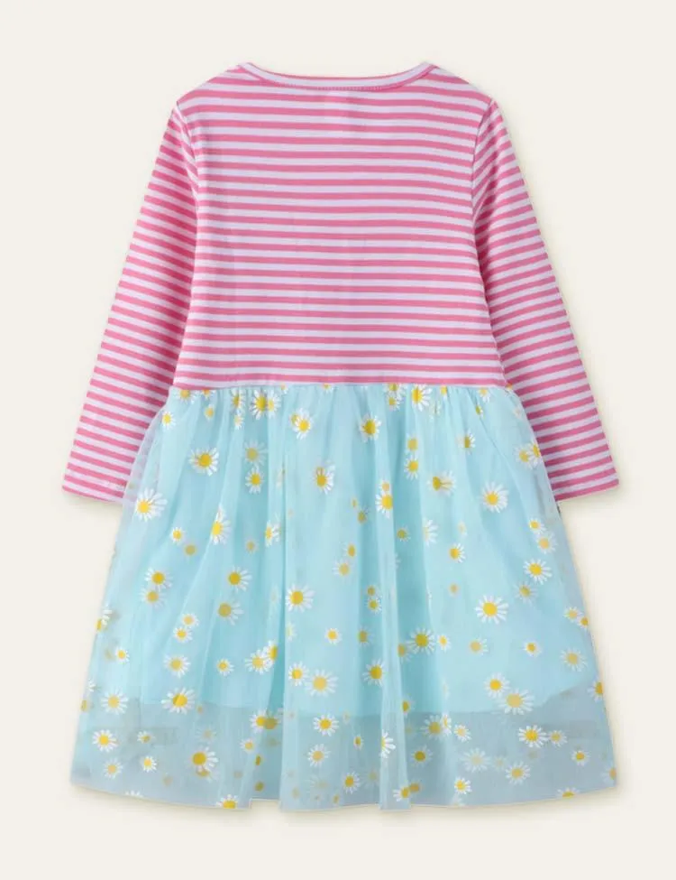Rabbit Flower Printed Mesh Long Sleeve Dress - Image 2