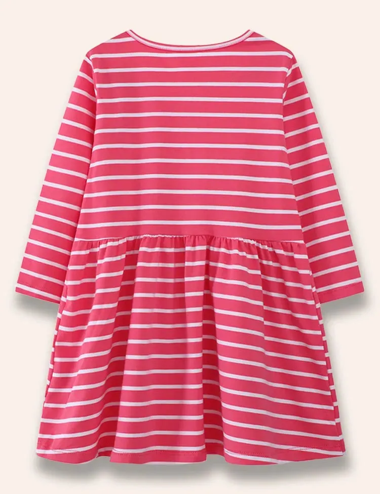 Rainbow Unicorn Appliqué Striped Dress - Image 2