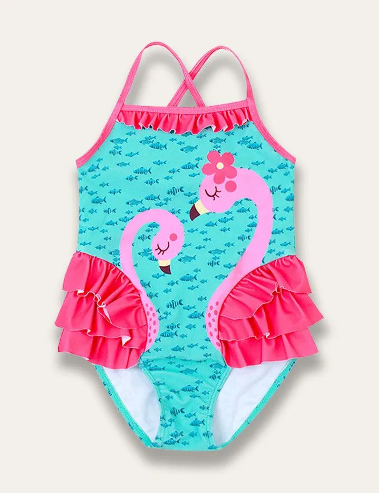 Ruffled Flamingo Print Swimsuit