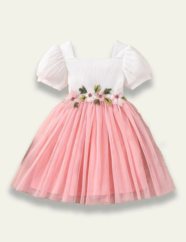 Short Sleeved Floral Patchwork Mesh Dress