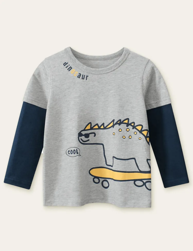 Skateboard Dinosaur Printed Long Sleeve T-shirt