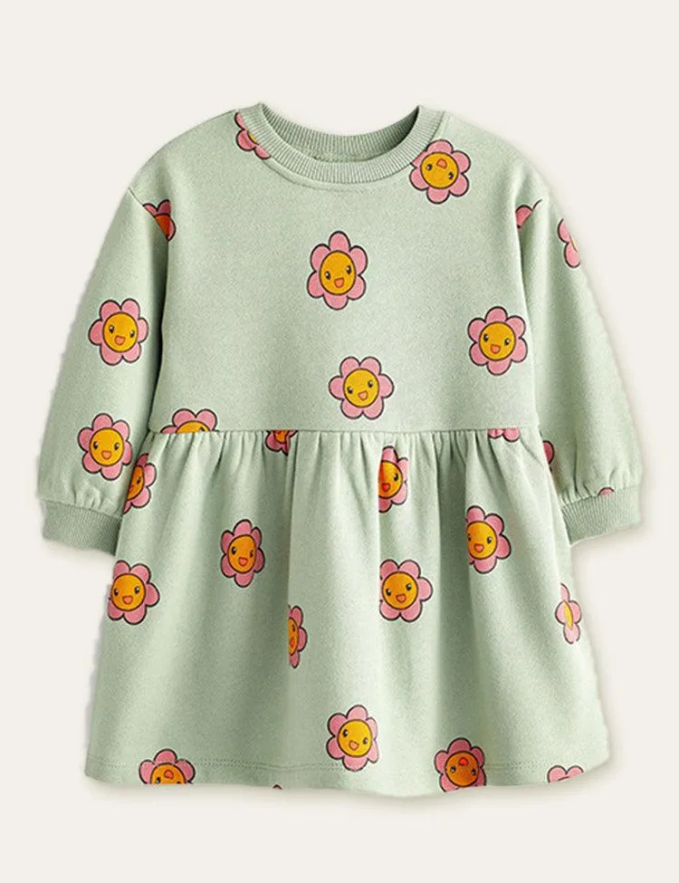 Smiling Flower Printed Long Sleeve Dress