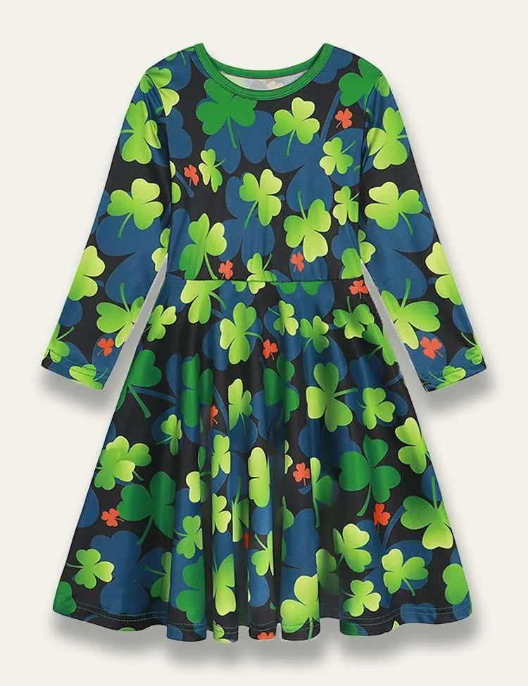 St. Patrick's Day Clover Printed Long Sleeve Dress - Image 3