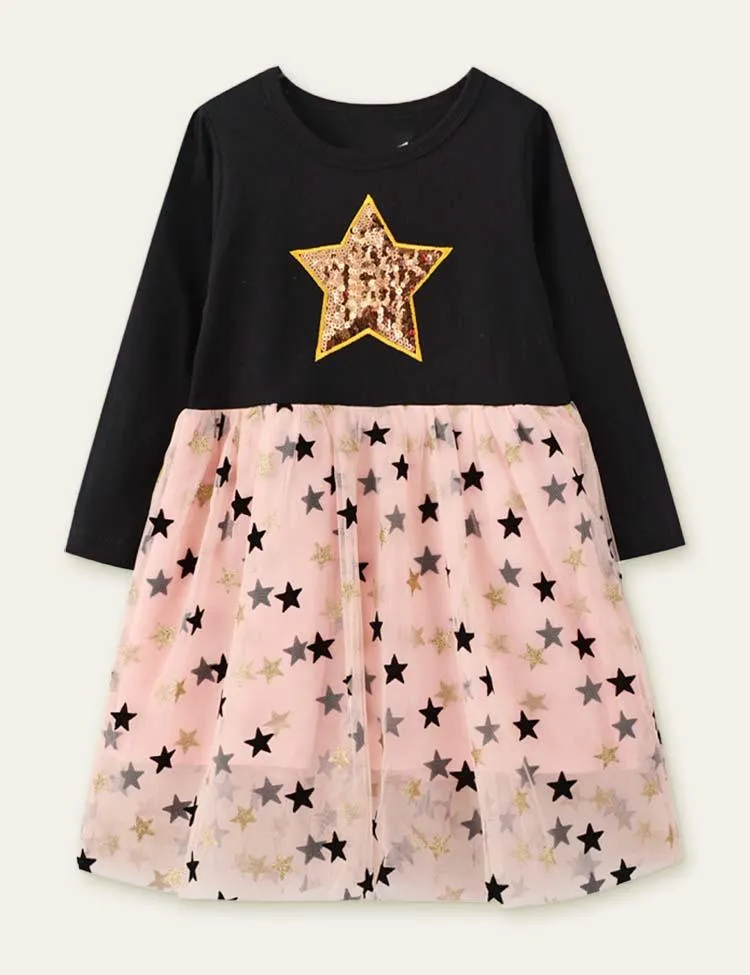 Star Printed Mesh Long Sleeve Dress