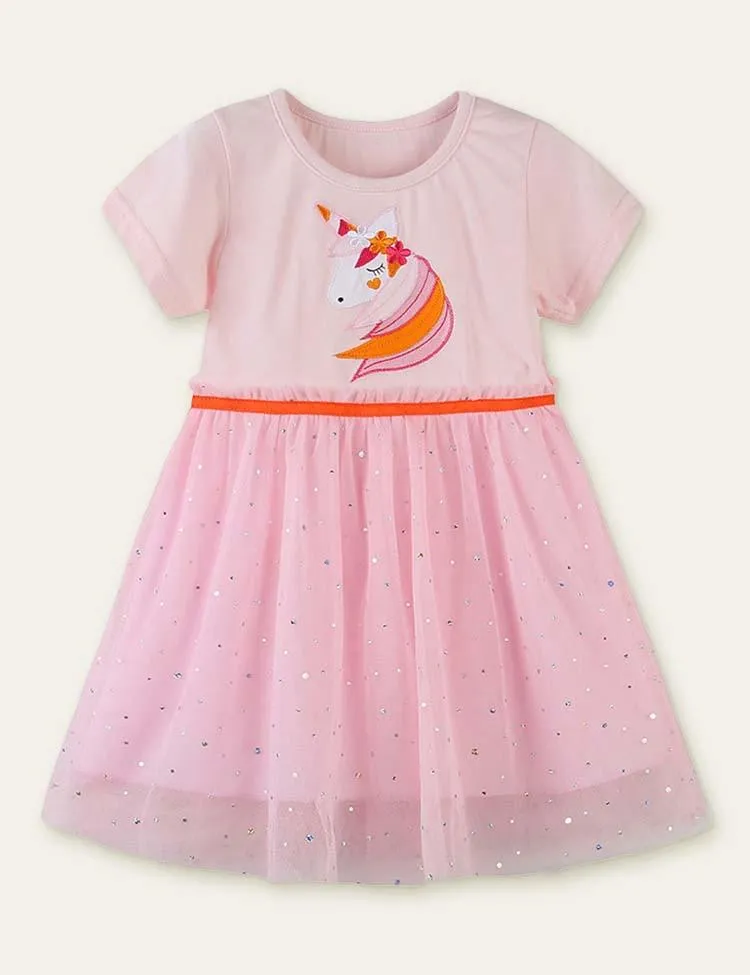 Unicorn Appliqué Embroidered Mesh Dress
