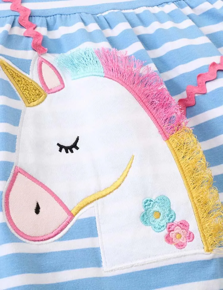 Unicorn Appliqué Embroidered Striped Dress - Image 3