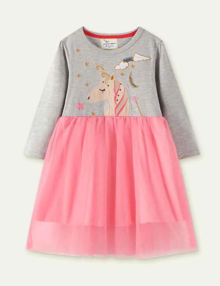 Unicorn Embroidered Long Sleeve Dress