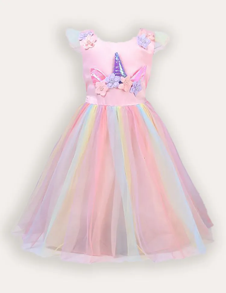 Unicorn Flower Applique Tulle Party Dress