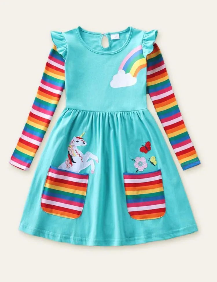 Unicorn Flowers Appliqué Rainbow Long Sleeve Dress - Image 8